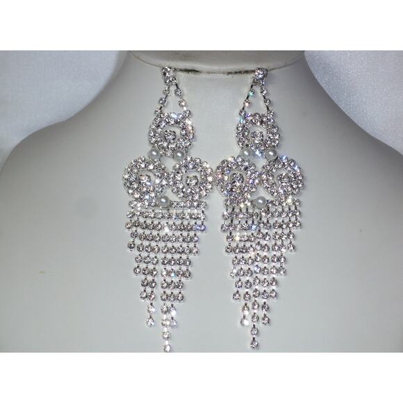 Rhinestone long dangle drop earrings rhinestone bridal evening party earrings - Picture 2 of 5